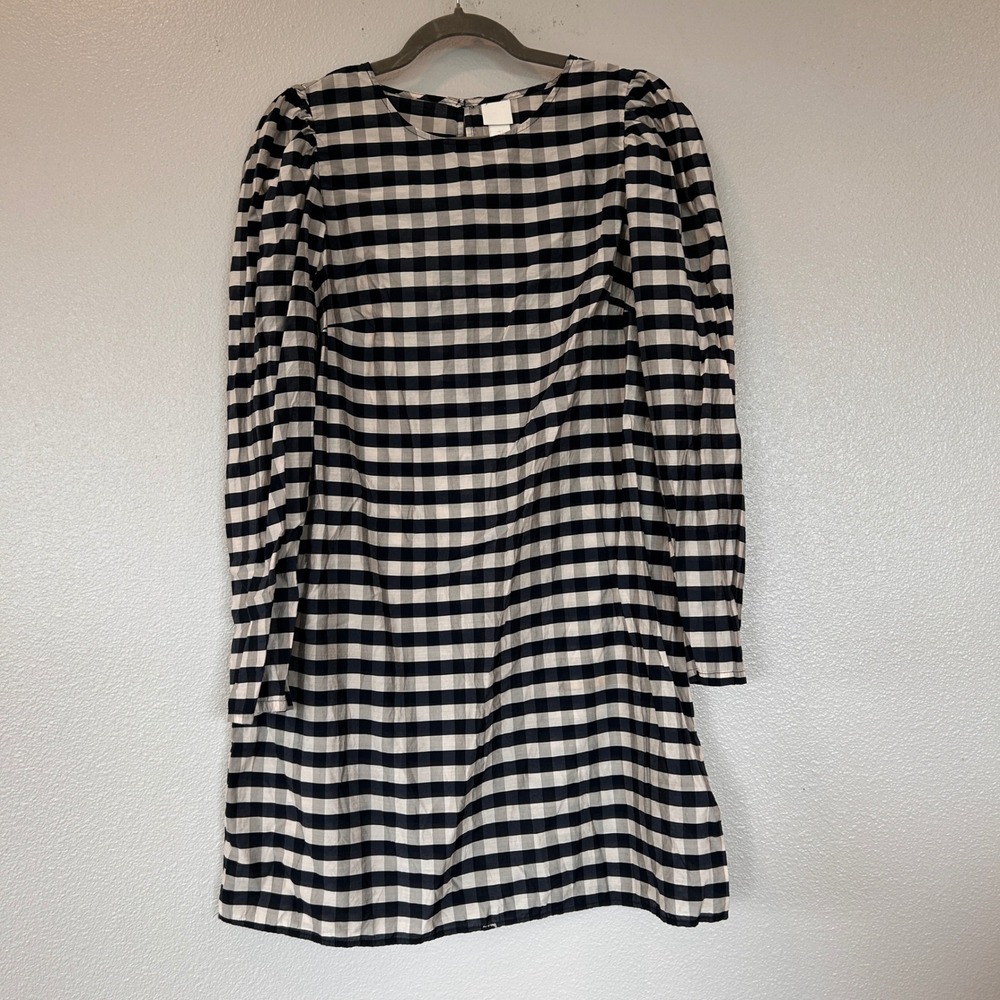 H&M Navy White Gingham Puff Sleeve Mini Dress Size Large Checkered Long Sleeve